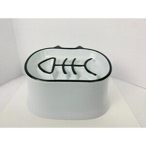 YHY Slow Feeder Cat Food Bowl Elevated Tilted Fish Bone Design Wet/Dry - WHITE